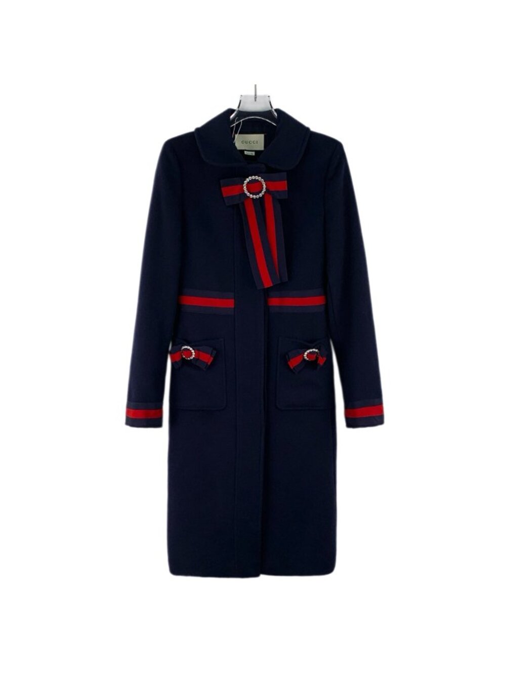 Gucci Dark Navy Bow Ring Crystal-Embellished Wool Coat
